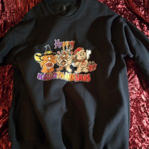 HappyHalloThanksmas Black Crewneck Size Availability 1 Med, 1 Lg